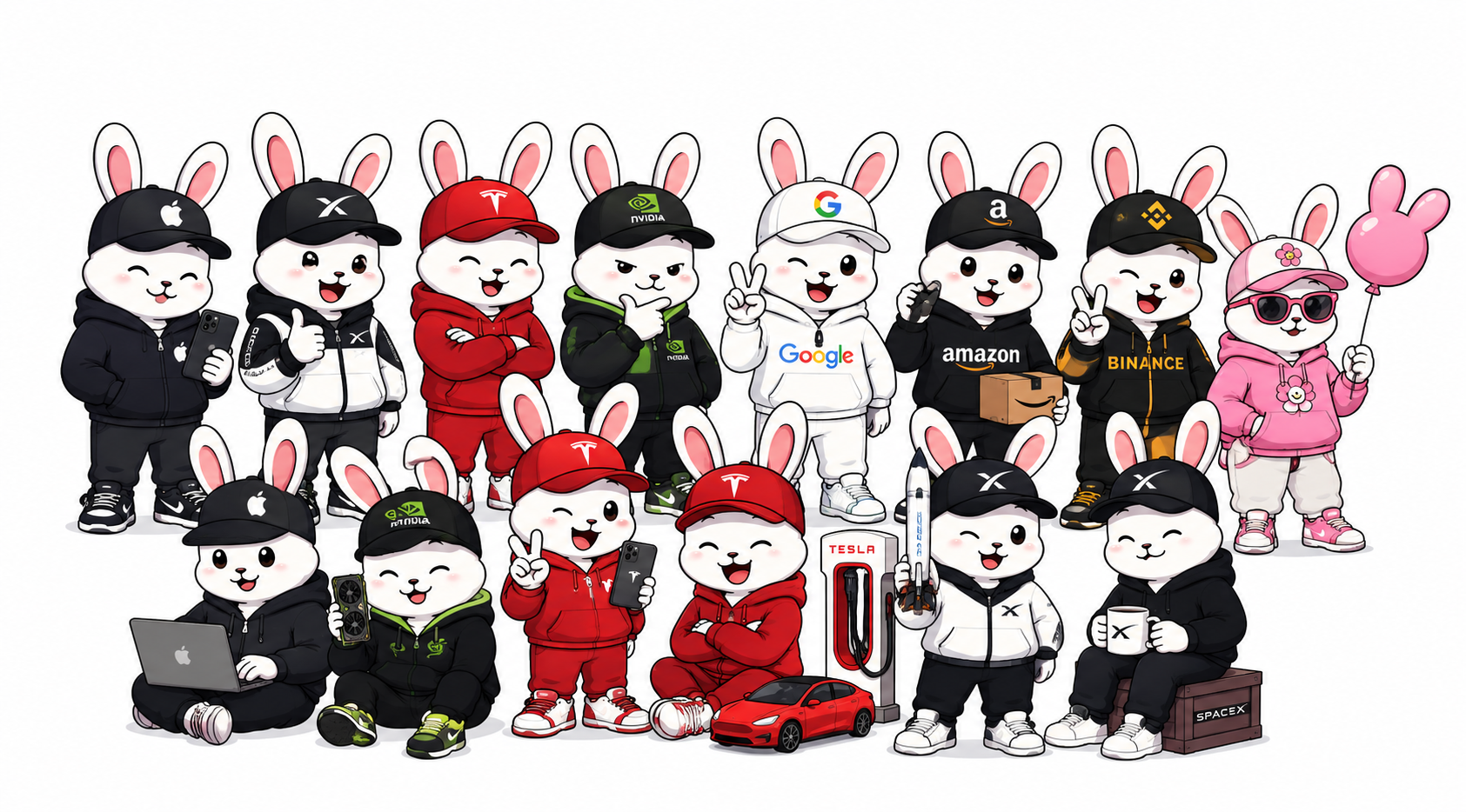 The Bunny Stock crew: bunnies in Apple, SpaceX, Tesla, Nvidia, Google, Amazon and Binance hoodies